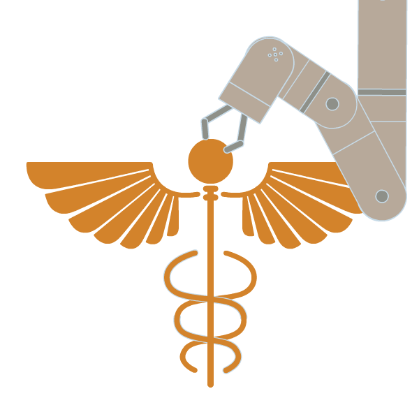 a robotic arm holds a caduceus, 一根上面缠着两条蛇的棍子, a symbol associated with healing